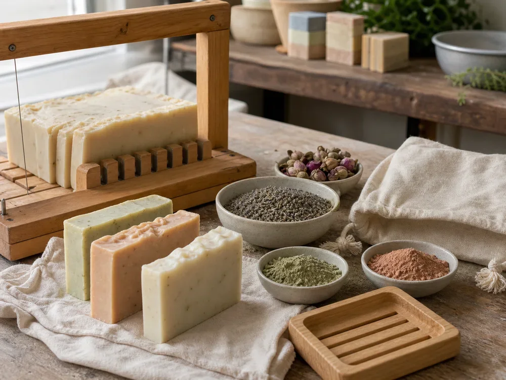 Pains de savon et matériel dans un atelier