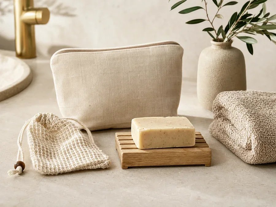 Accessoires de salle de bains avec porte-savon en bois, pochette en coton et savon solide