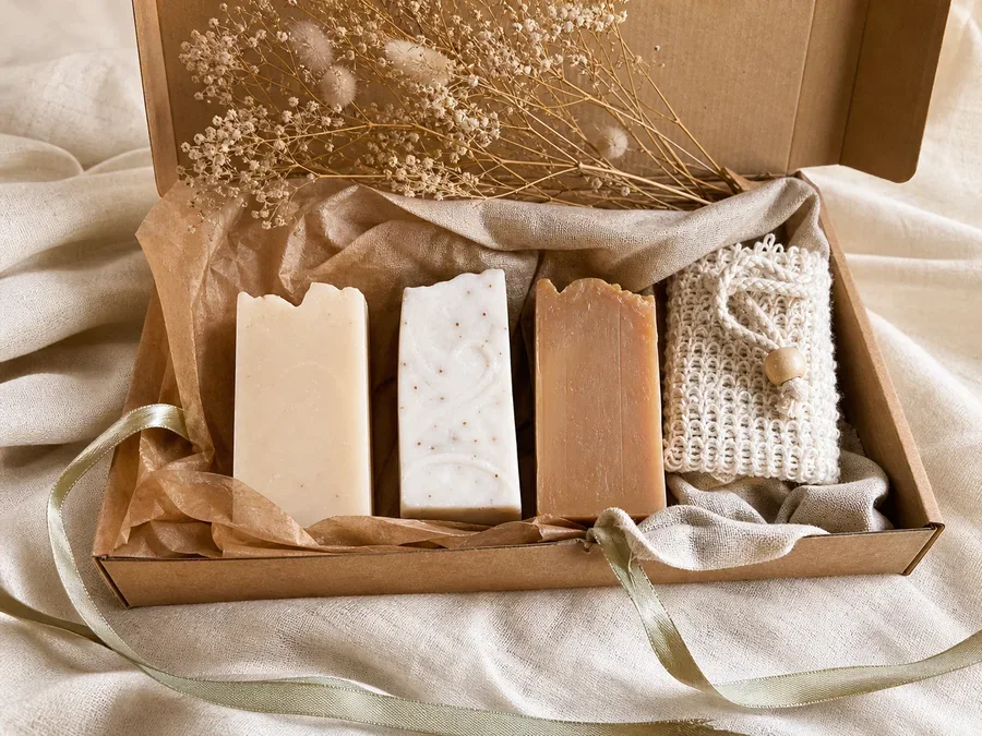 Coffret cadeau de savons artisanaux avec fleurs séchées et accessoire réutilisable