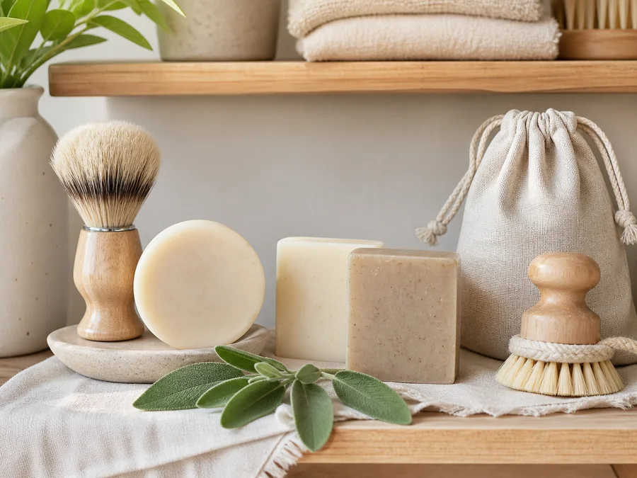 Savons artisanaux avec blaireau de rasage, pochette en coton et brosse naturelle