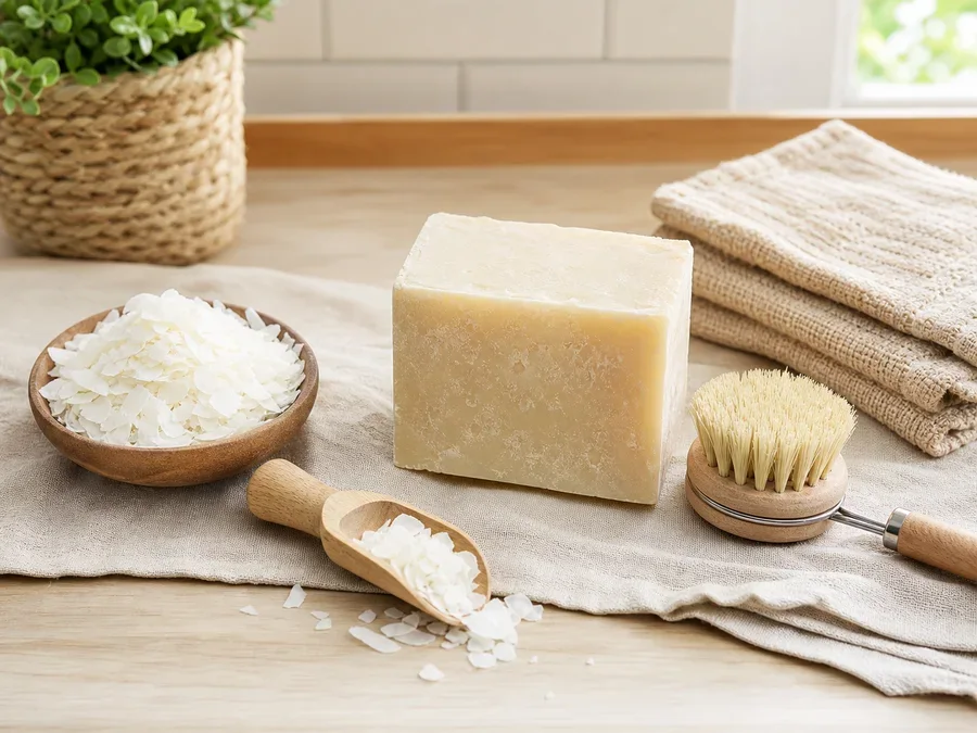 Savon ménager, paillettes de savon et brosse naturelle sur un plan de travail