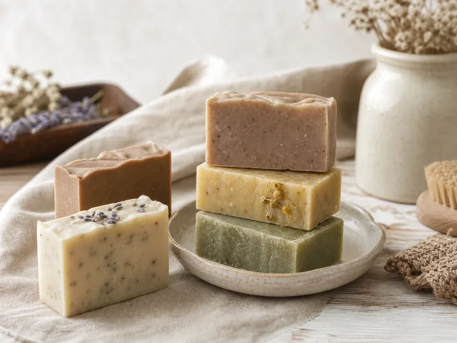 Assortiment de savons artisanaux aux couleurs et formats variés