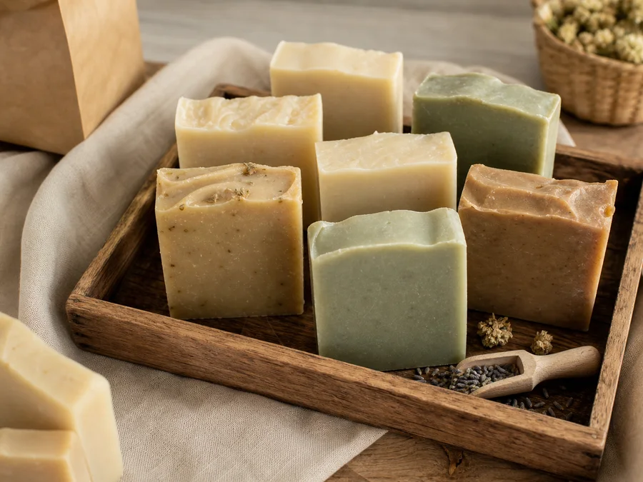 Savons artisanaux en vrac présentés dans un plateau en bois