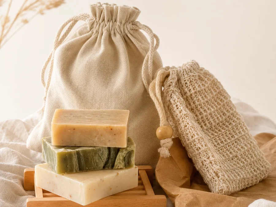 Savons artisanaux, pochon en coton et accessoire réutilisable réunis dans un coffret