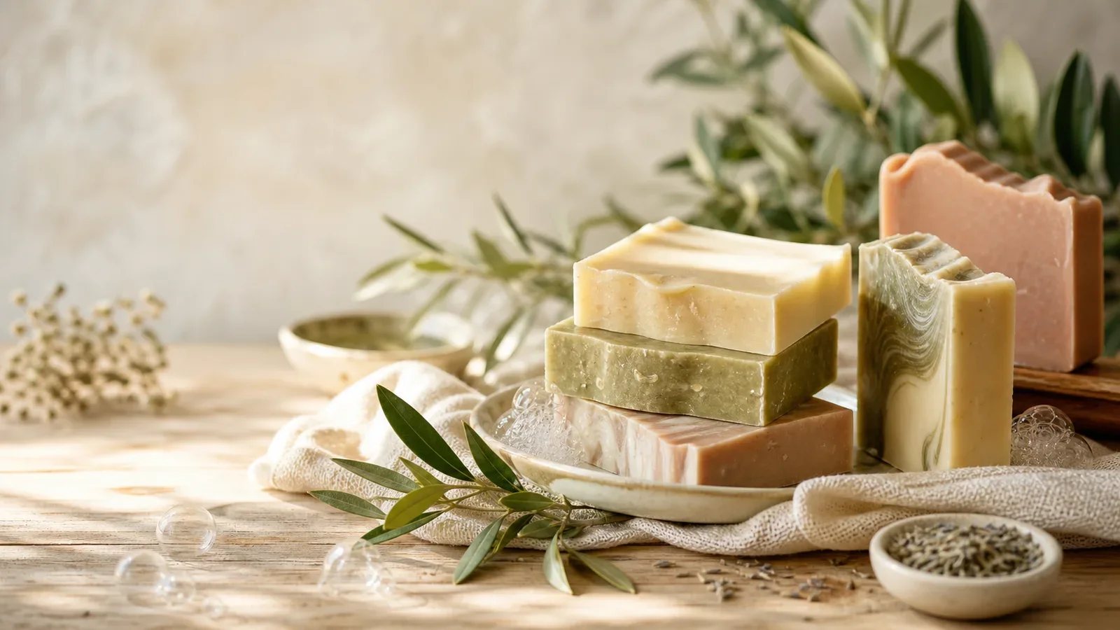 Savons artisanaux aux teintes naturelles présentés avec des feuilles d'olivier